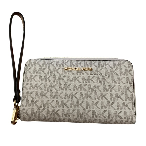 Michael Kors 35F8GTVW9B Vanilla Jet Set Travel Zip Around Phone Wallet New